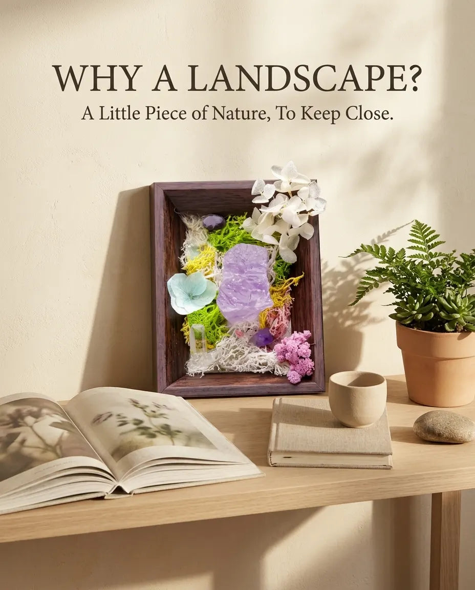 Amethyst framed landscape on a wood console with a book, cup and plant, under the words “Why a landscape?”
