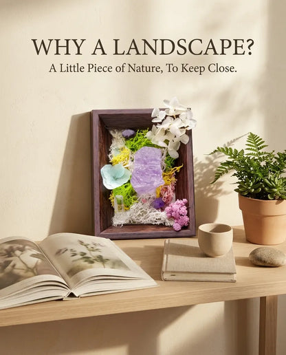 Amethyst framed landscape on a wood console with a book, cup and plant, under the words “Why a landscape?”