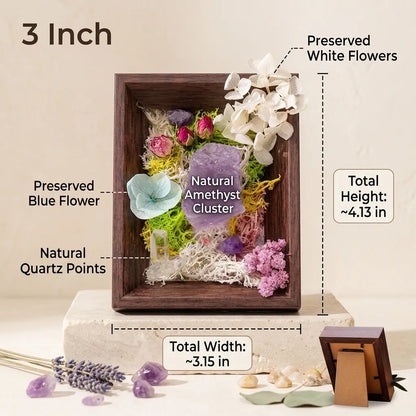 Size diagram of the amethyst frame: about 3.15 by 4.13 inches, labeled cluster, quartz points and preserved flowers