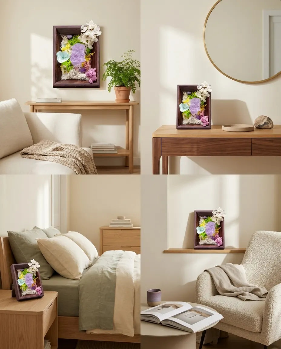 Four-room grid: framed landscape on a wall, console, nightstand and reading shelf