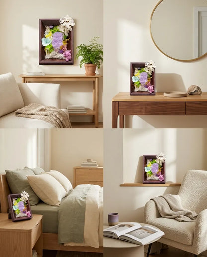 Four-room grid: framed landscape on a wall, console, nightstand and reading shelf