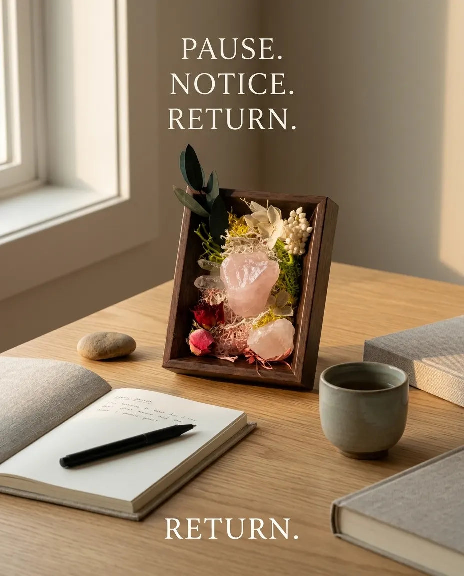 Rose quartz framed landscape on a desk with a journal, pen and tea, under “Pause. Notice. Return.”