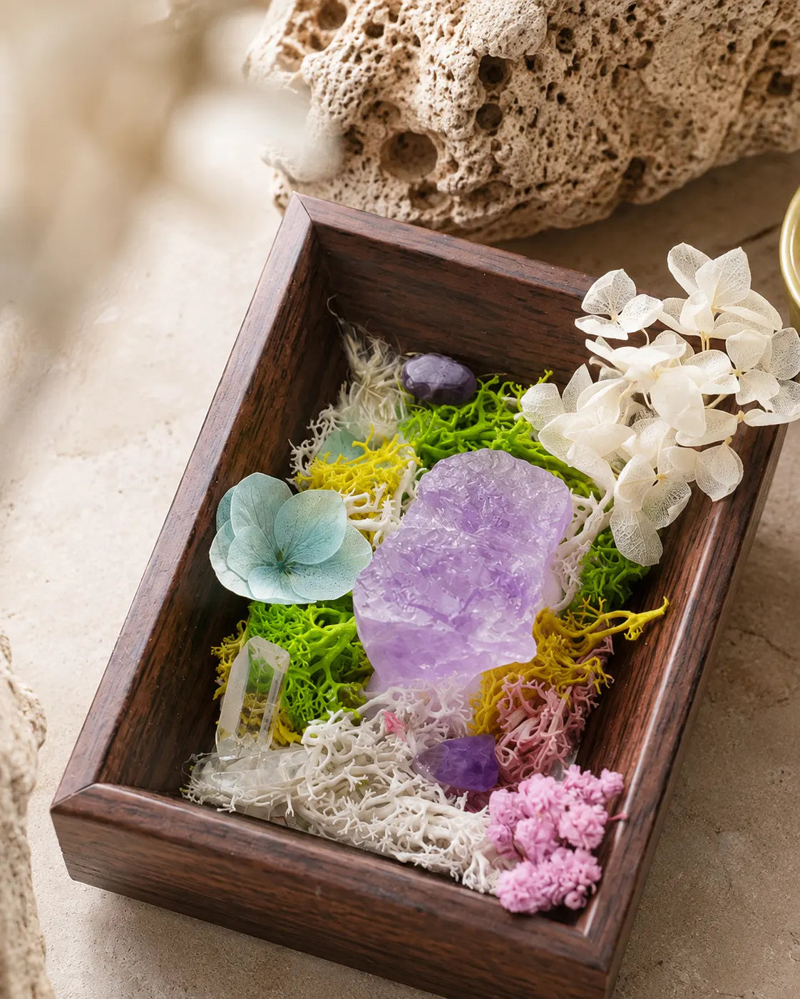 Overhead view of the amethyst framed landscape showing moss, hydrangea and quartz points