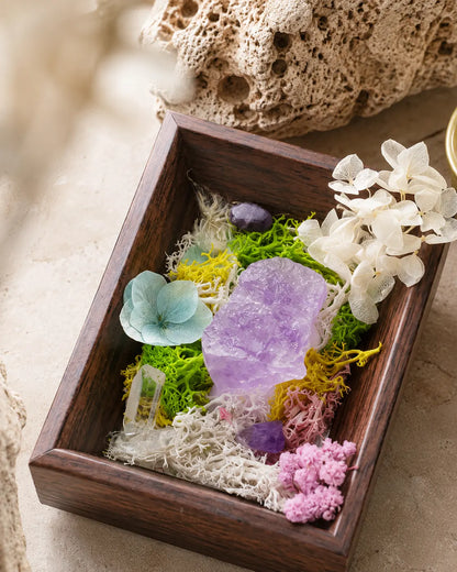 Overhead view of the amethyst framed landscape showing moss, hydrangea and quartz points