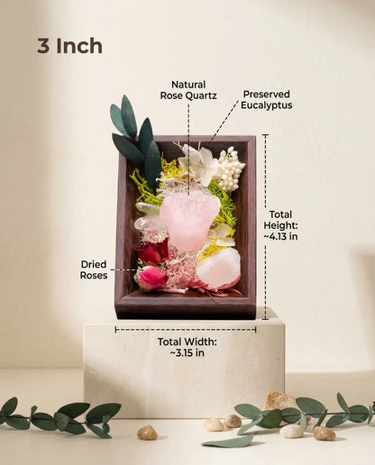 Size diagram of the rose quartz frame: about 3.15 by 4.13 inches, labeled rose quartz, eucalyptus and dried roses