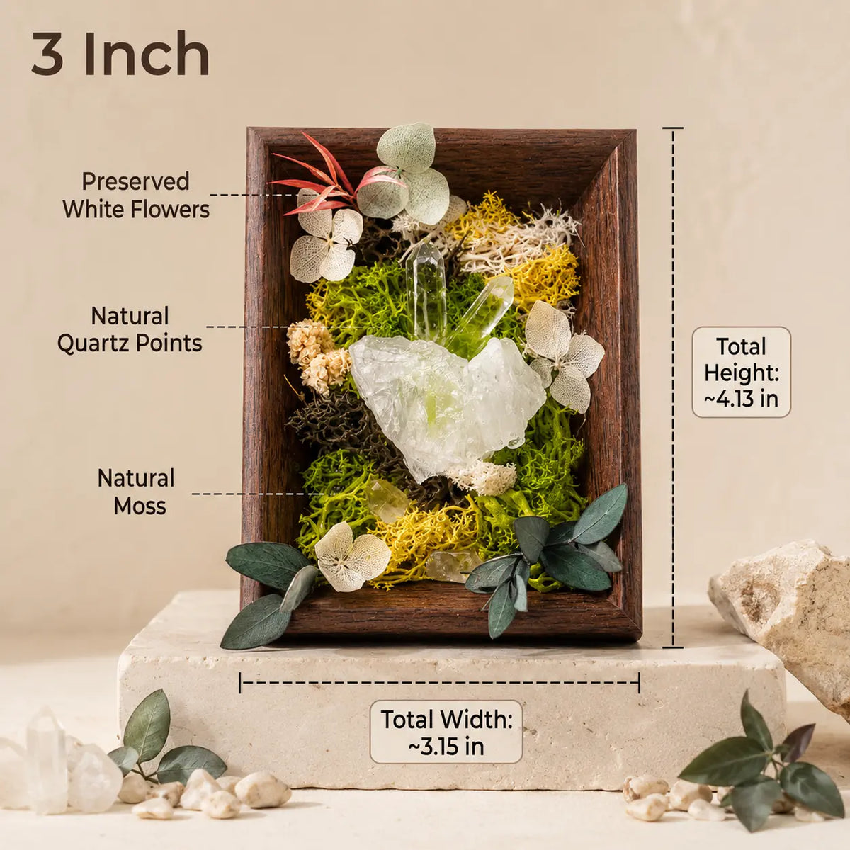 Size diagram of the clear quartz frame: about 3.15 by 4.13 inches, labeled quartz points, moss and preserved flowers