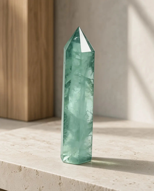 Green fluorite crystal tower displayed on a stone surface