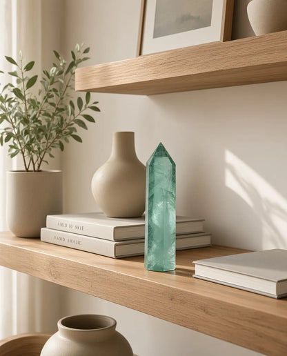 Green fluorite crystal tower on a wooden shelf with books and ceramics