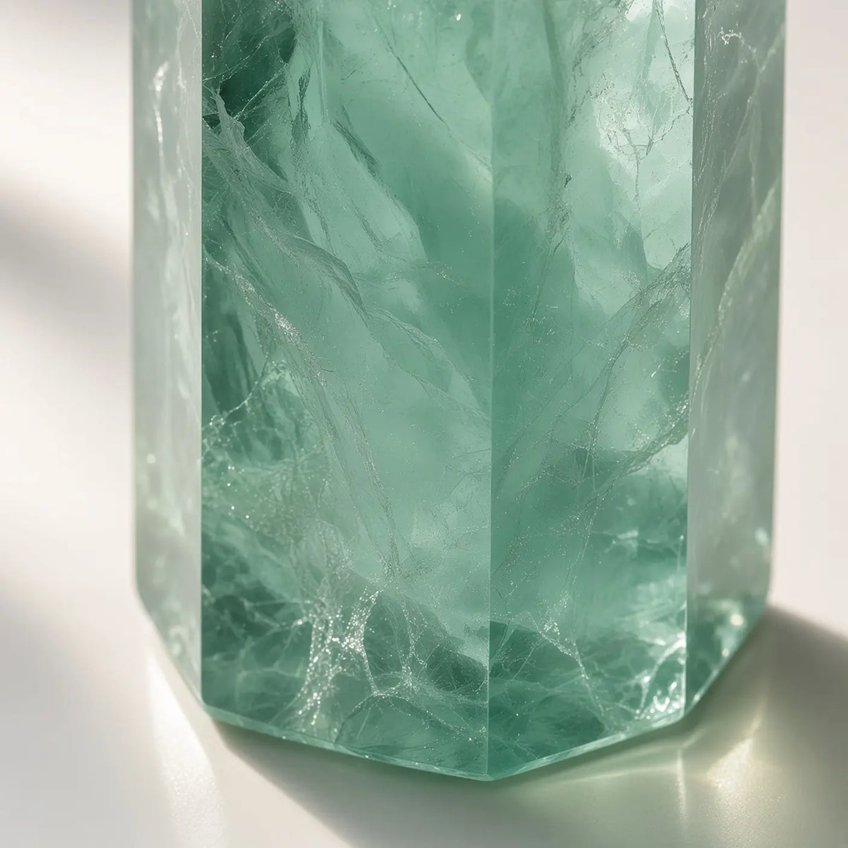 Close-up of green fluorite crystal tower with natural inclusions