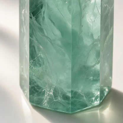 Close-up of green fluorite crystal tower with natural inclusions