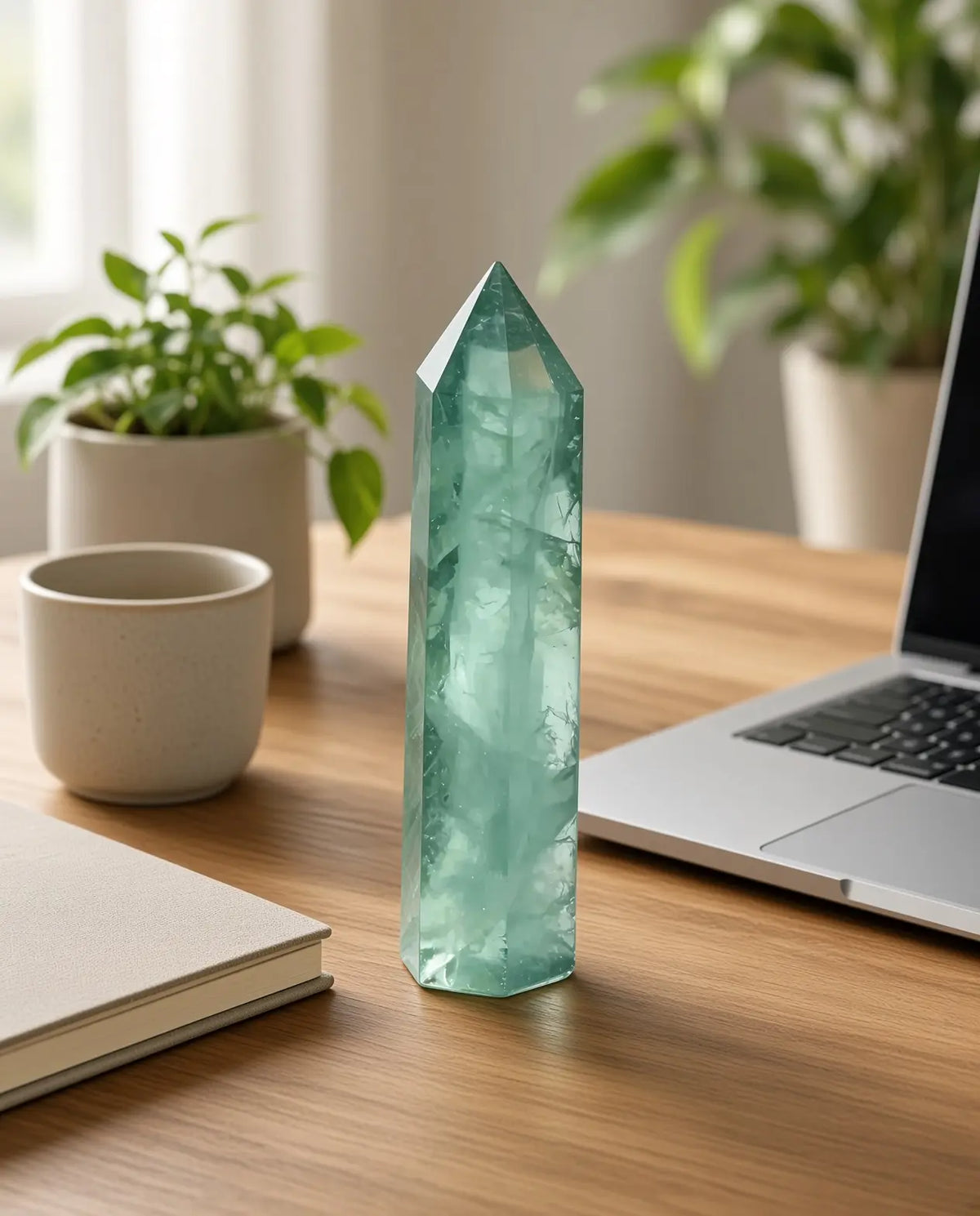 Green fluorite crystal tower on a workspace desk with laptop and plants