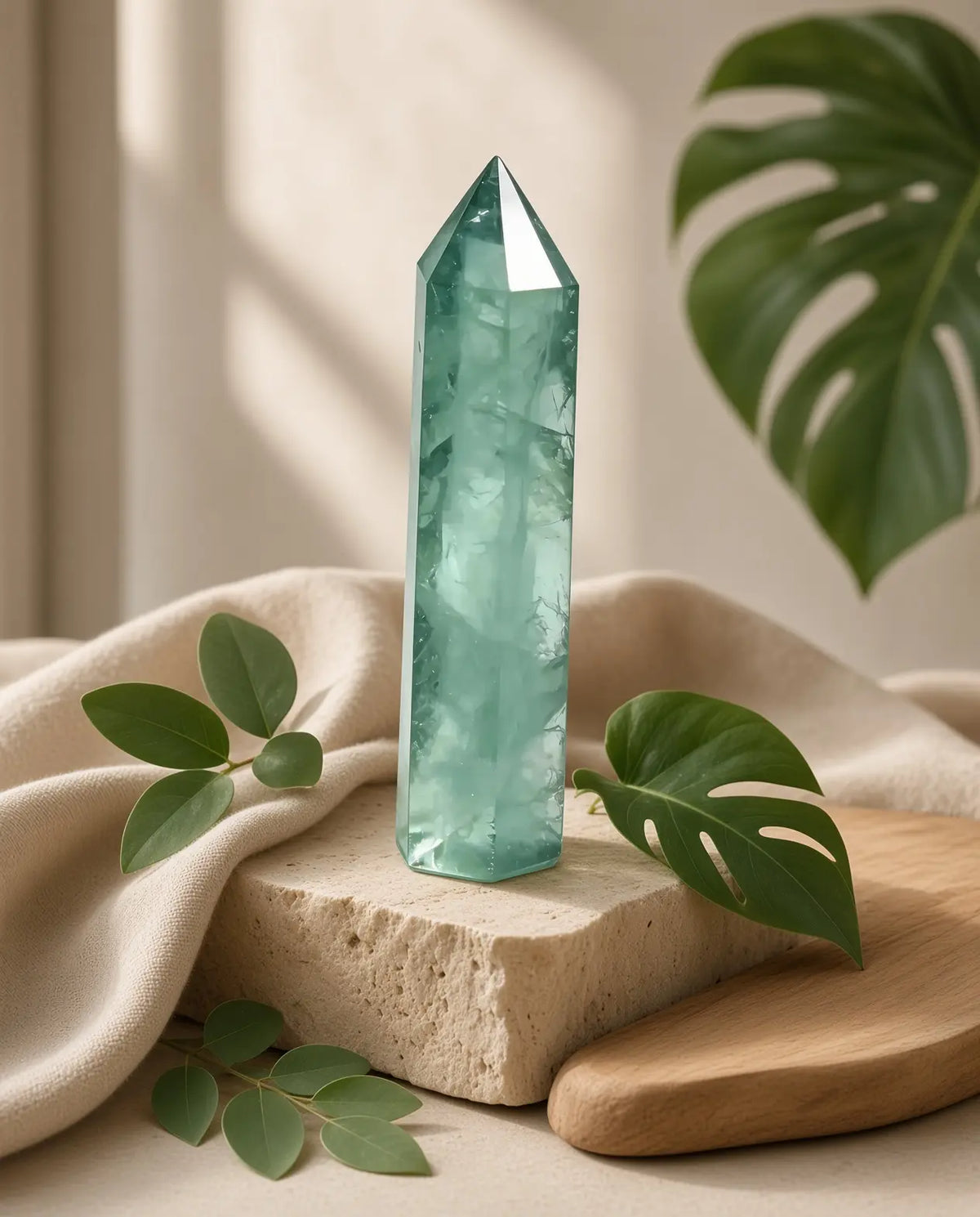 Green fluorite crystal tower styled with leaves, linen and stone