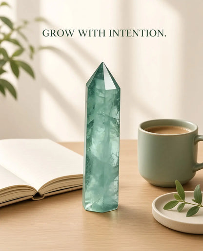 Green fluorite crystal tower styled with book, coffee and greenery