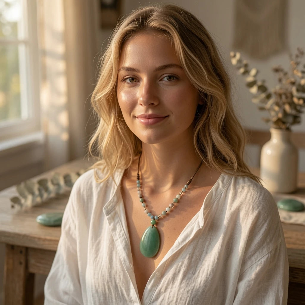Woman wearing a green aventurine pendant necklace layered look