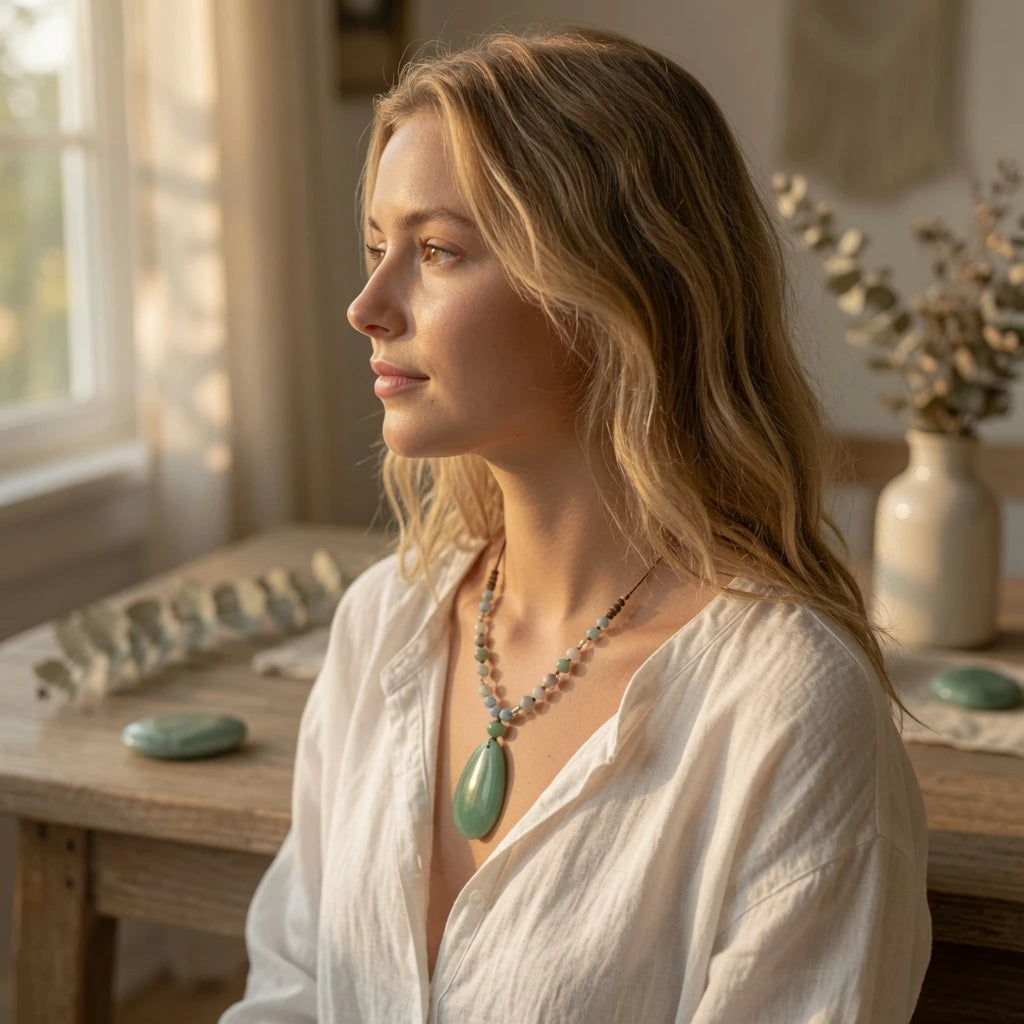 Green aventurine boho necklace with amazonite and champagne accent beads