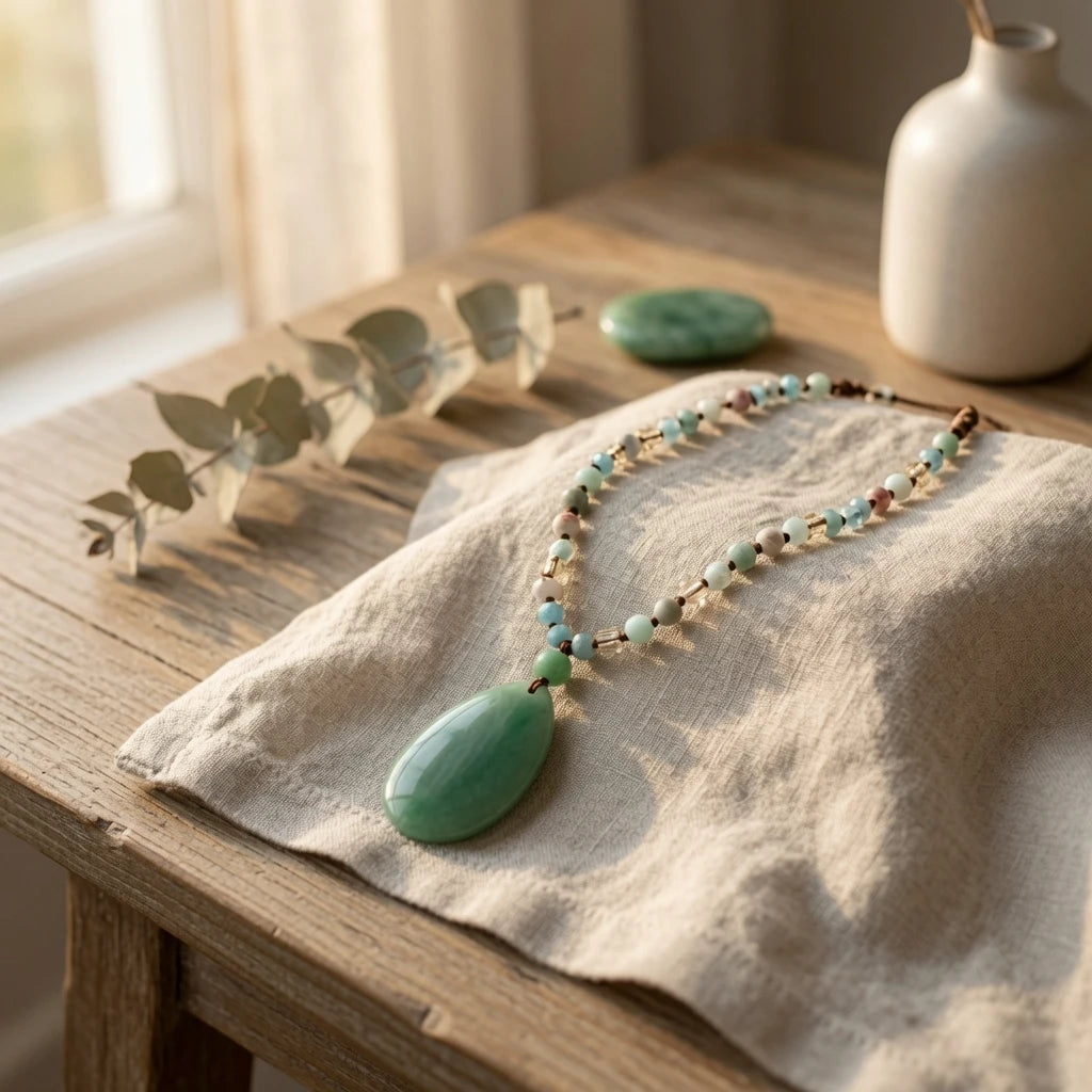 Close-up of polished green aventurine teardrop pendant