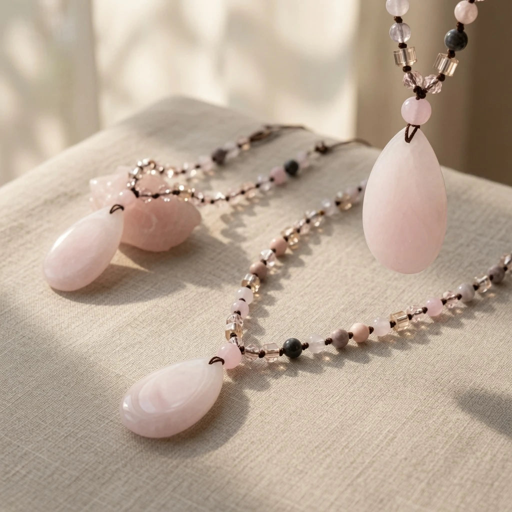Close-up of polished pink rose quartz teardrop pendant