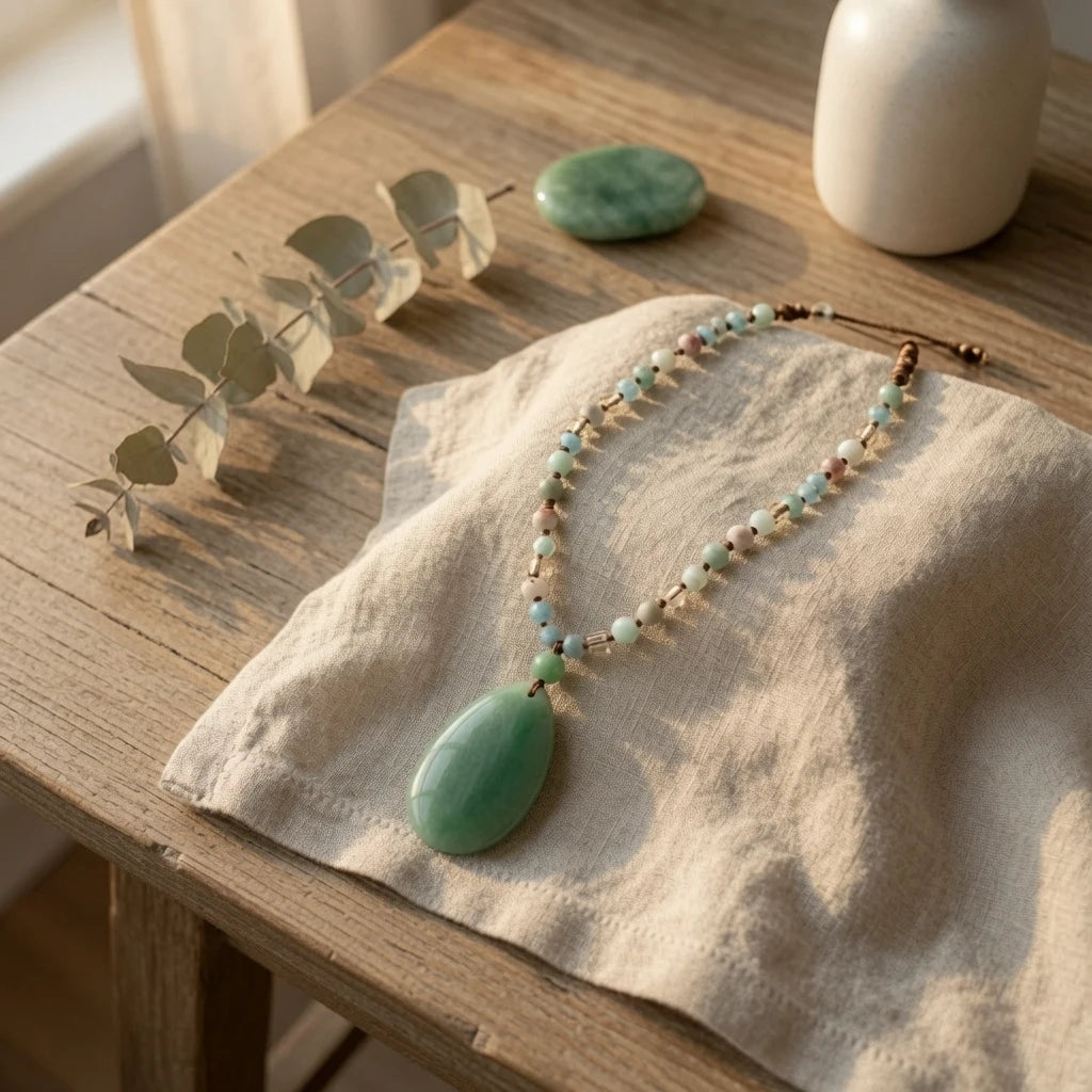 Green aventurine beaded necklace showing hand-knotted strand and length