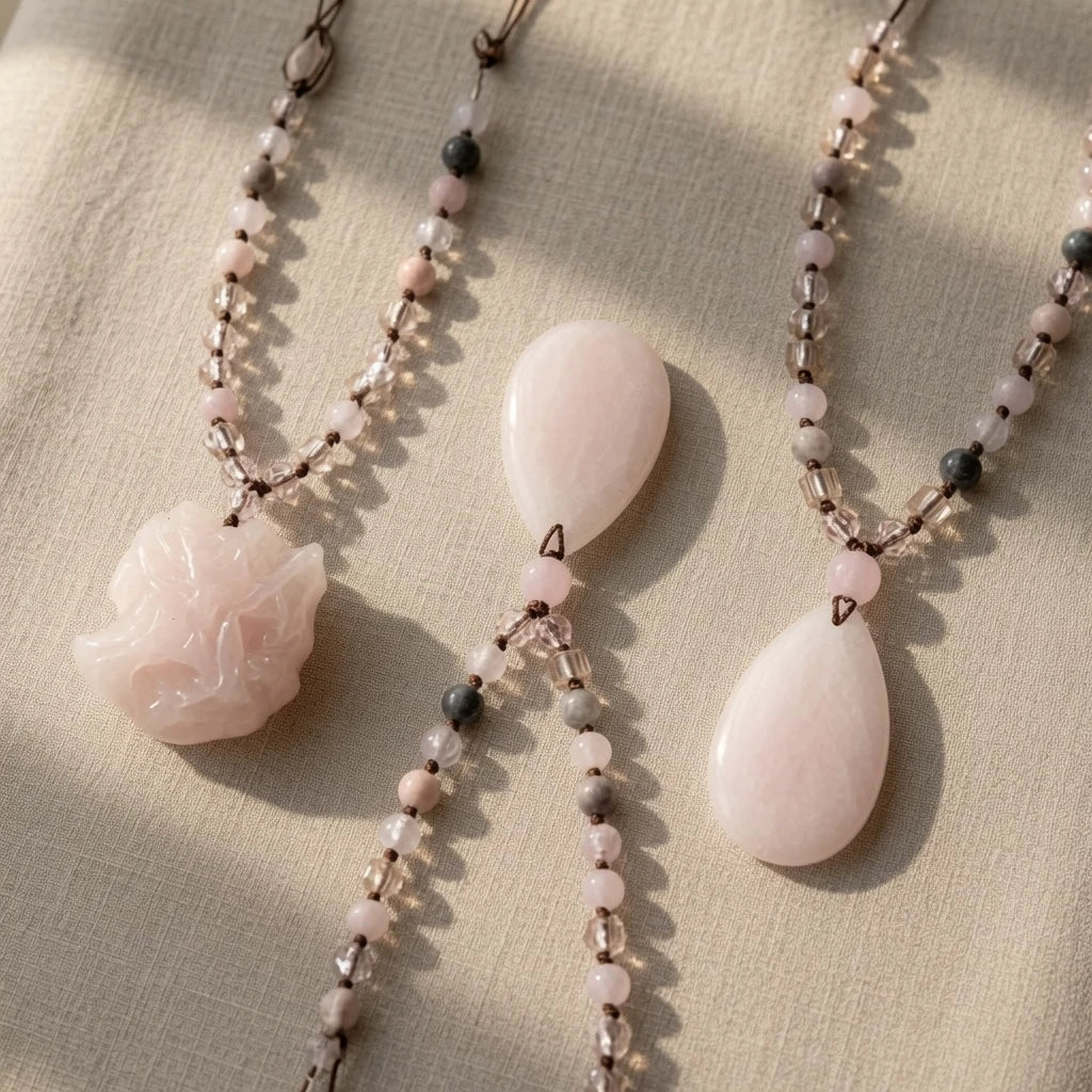 Rose quartz beaded necklace showing hand-knotted strand and length
