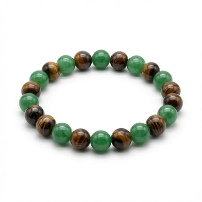 Green aventurine and tiger's eye beaded bracelet in green and amber tones, flat lay