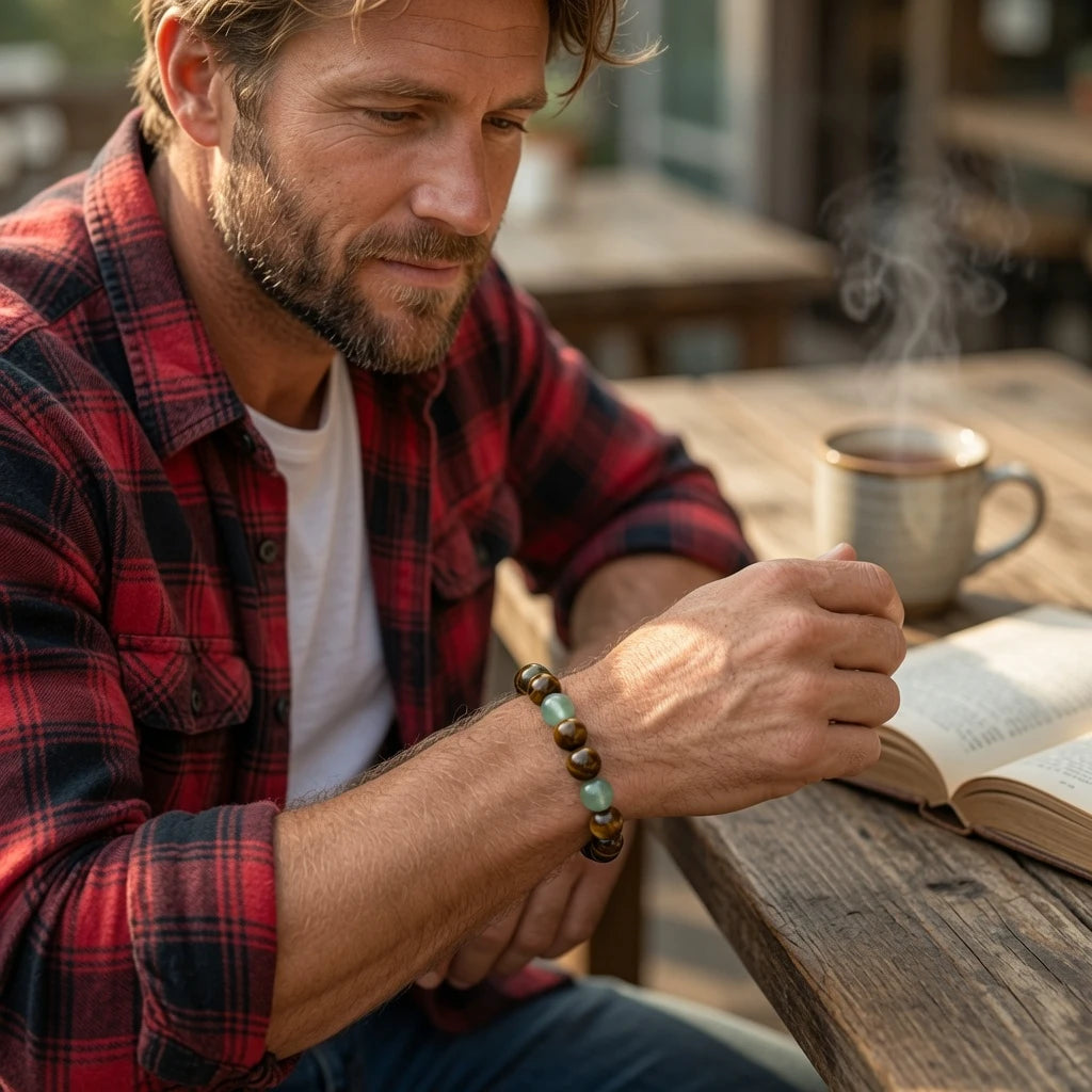 Man wearing a green aventurine and tiger's eye bracelet on her wrist