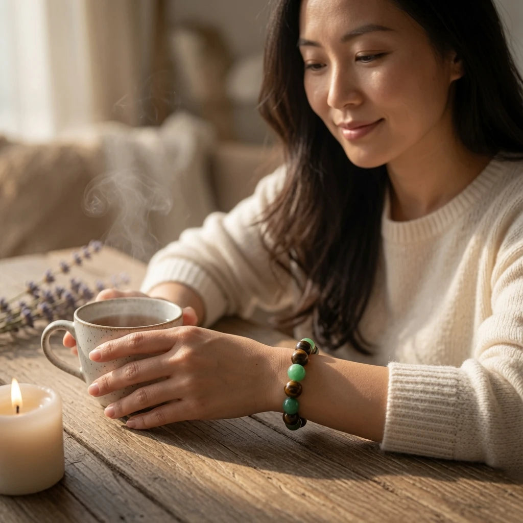 Woman wearing a green aventurine and tiger's eye bracelet on her wrist