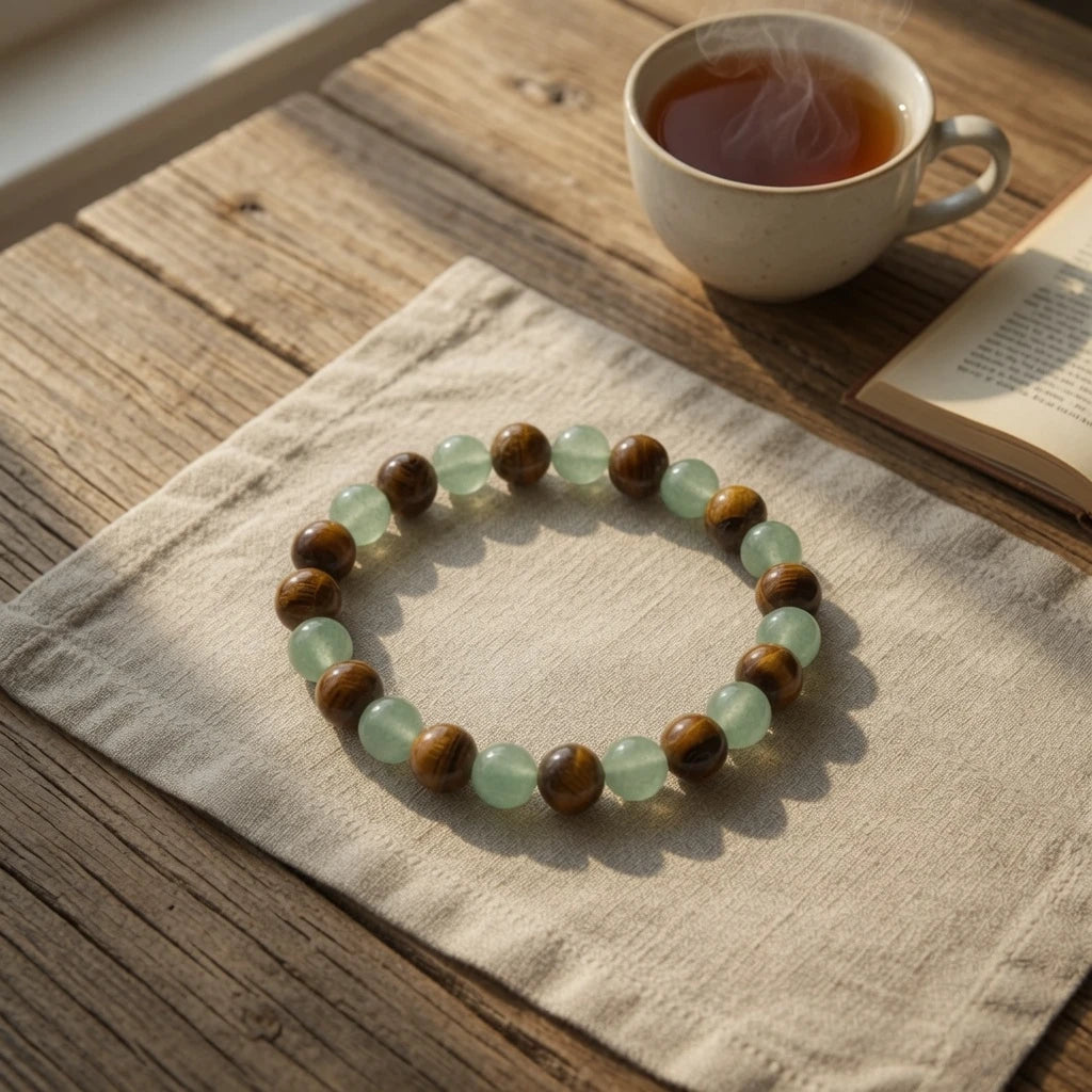 Close-up of green aventurine and tiger's eye beads with cat's-eye flash
