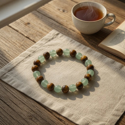Close-up of green aventurine and tiger's eye beads with cat's-eye flash