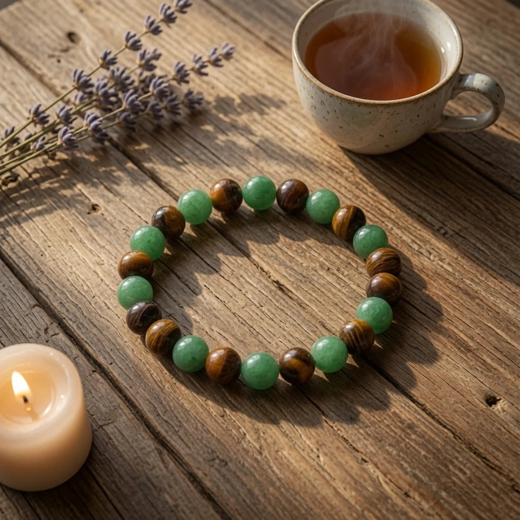 Close-up of green aventurine and tiger's eye beads with cat's-eye flash