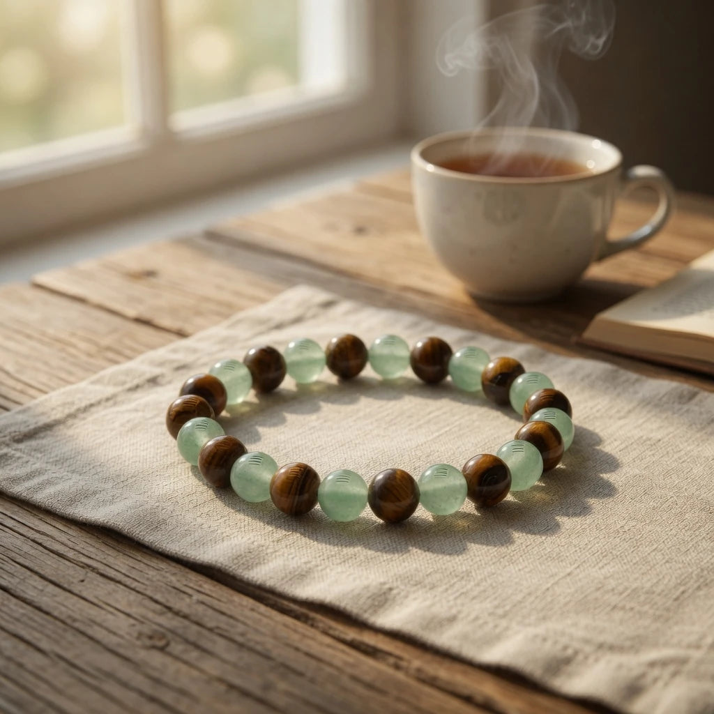 Green aventurine tiger's eye bracelet showing 8mm bead size and elastic fit