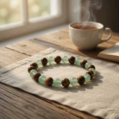 Green aventurine tiger's eye bracelet showing 8mm bead size and elastic fit