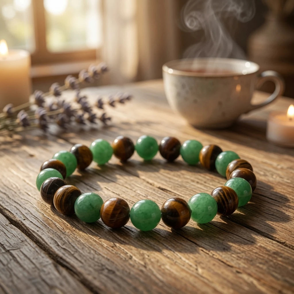 Green aventurine tiger's eye bracelet showing 8mm bead size and elastic fit