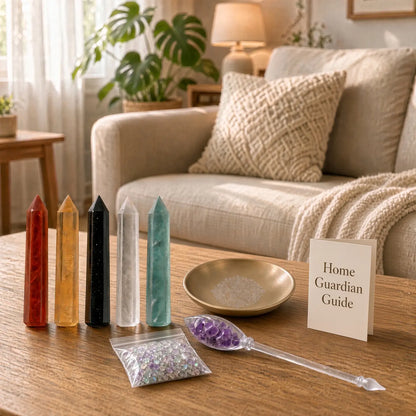Home Guardian Kit on a living-room coffee table: five crystal towers, brass dish, guide card, chip bag and amethyst wand