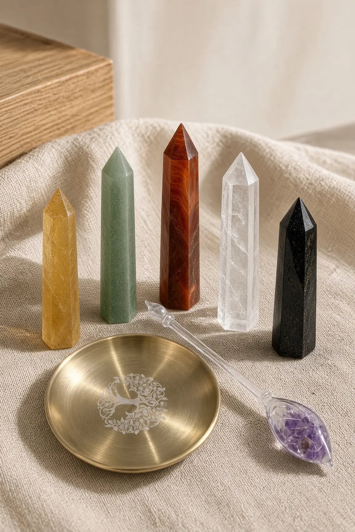 Five crystal towers on linen with a brass tree-of-life dish and a glass wand filled with amethyst chips