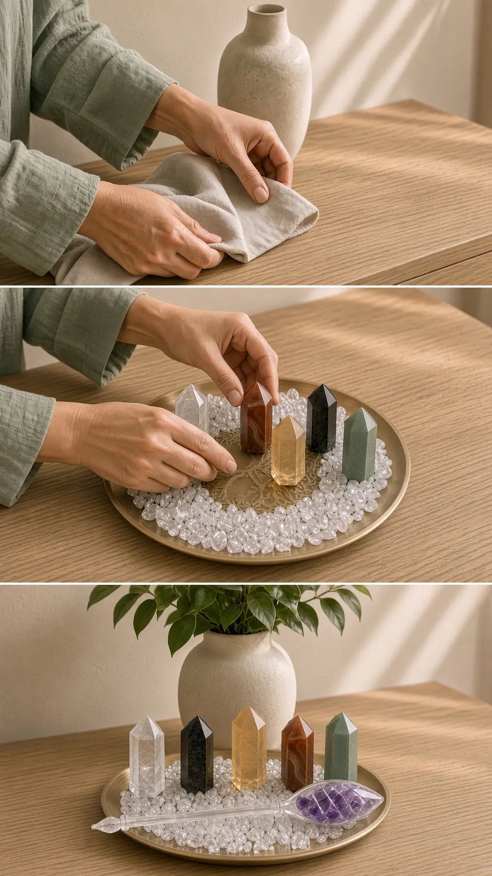 Three-step sequence: wiping the table, placing towers on a pebble-filled brass tray, finished arrangement with the wand