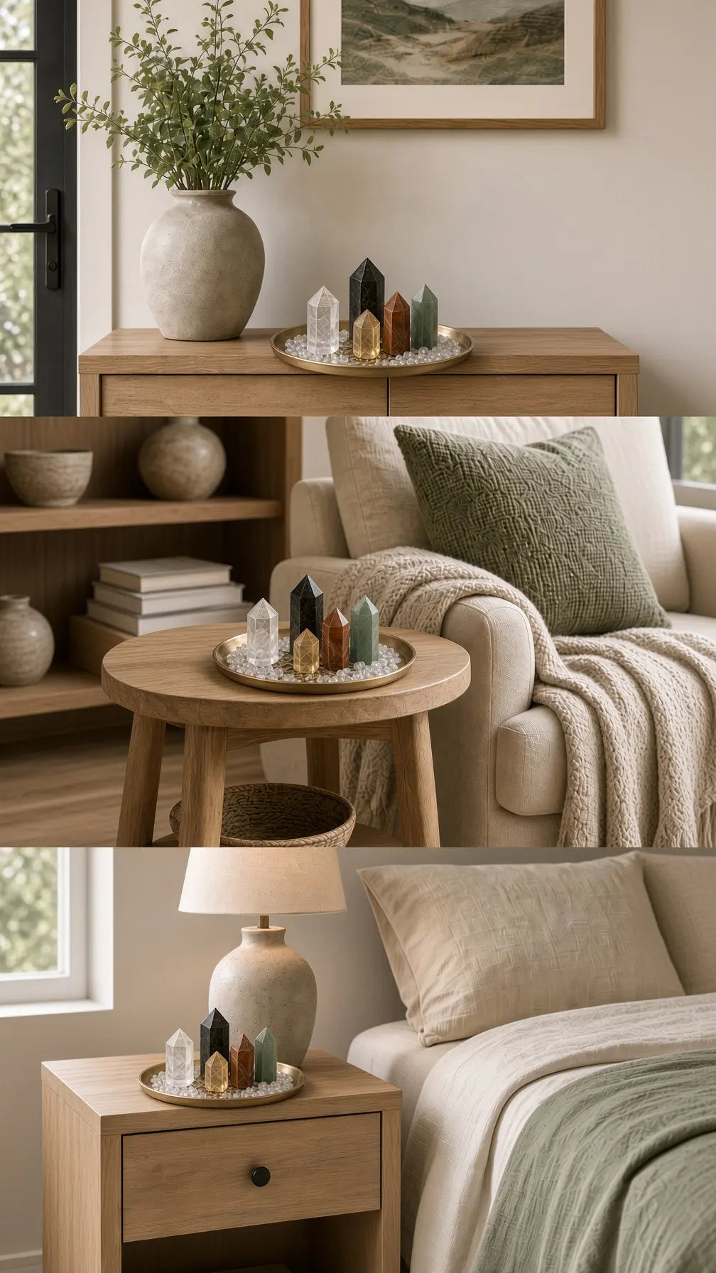 The five-tower tray styled on a console, a round side table and a bedroom nightstand
