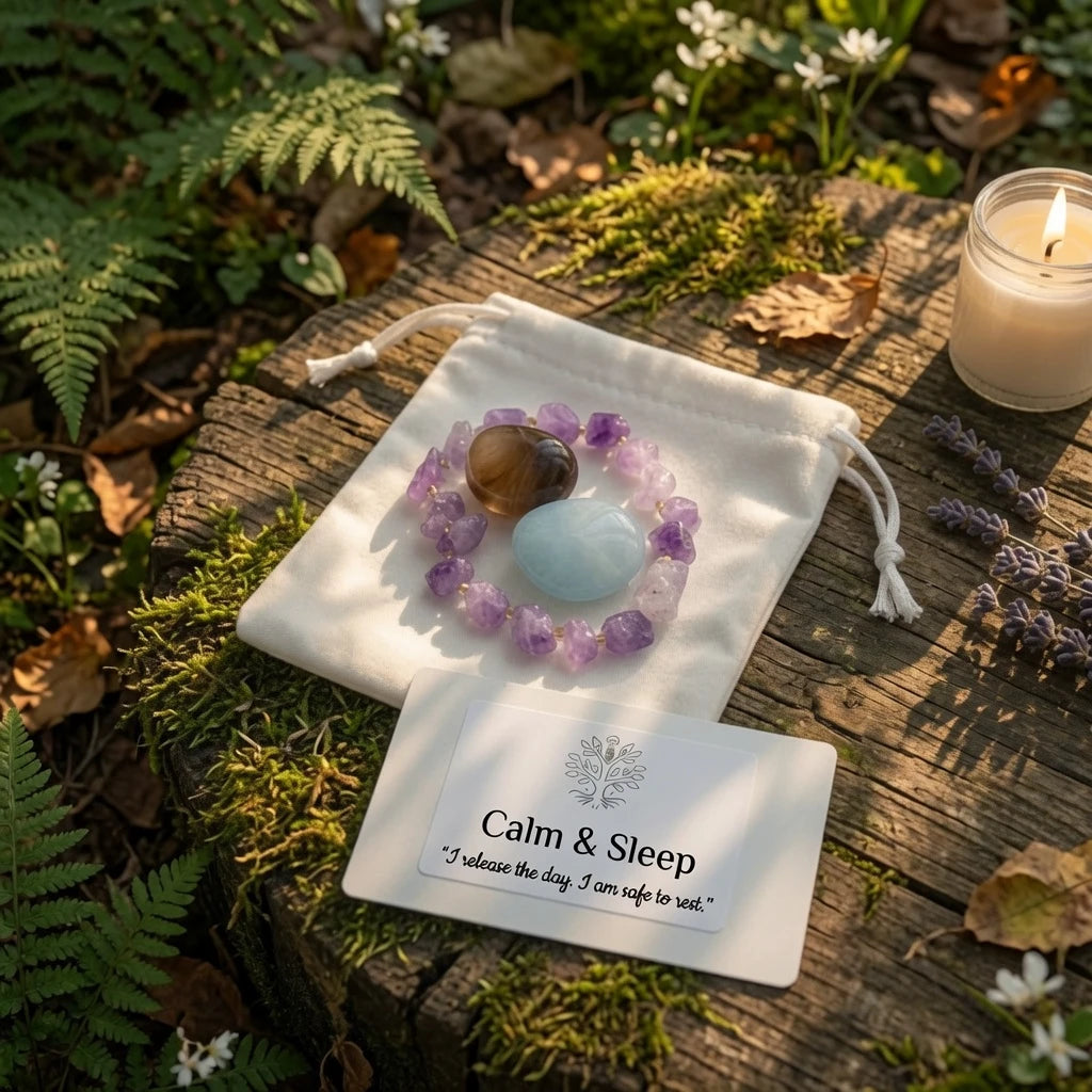 Calm and Sleep healing crystal gift set with raw amethyst chip bracelet, tumbled smoky quartz, tumbled aquamarine stones, affirmation card, and linen drawstring pouch on white background