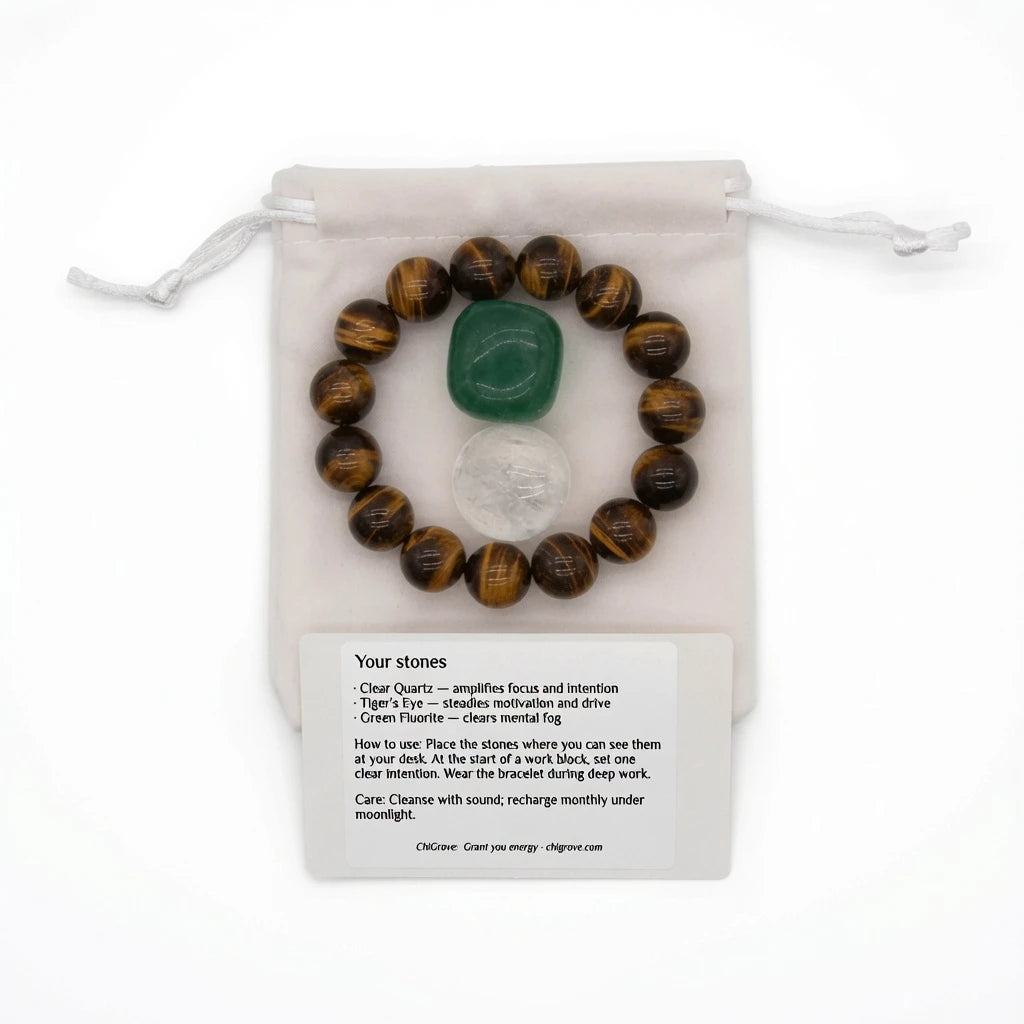 Focus and Clarity crystal kit displayed in gift packaging with affirmation card visible, meaningful concentration and productivity crystal gift for students and professionals