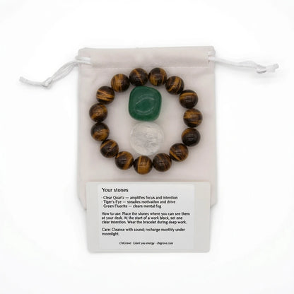 Focus and Clarity crystal kit displayed in gift packaging with affirmation card visible, meaningful concentration and productivity crystal gift for students and professionals