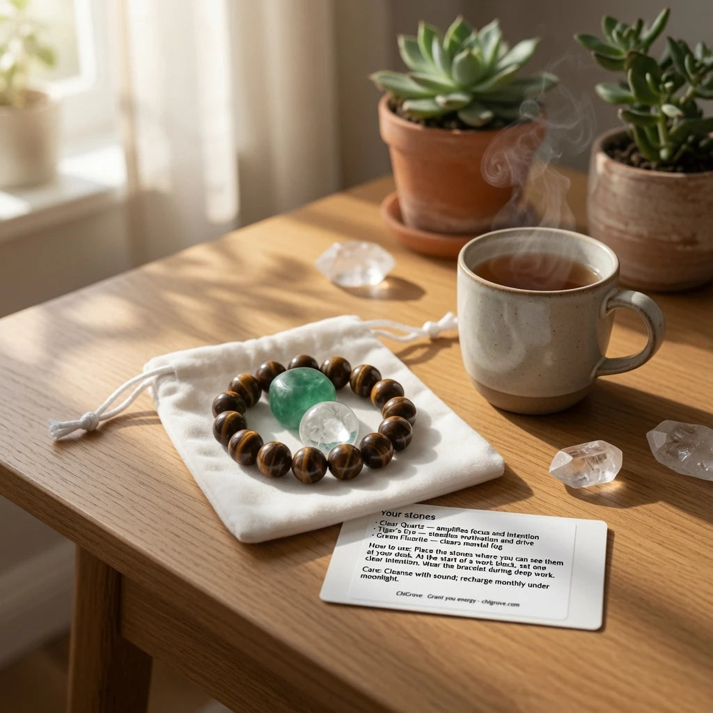 Focus and Clarity affirmation card with botanical illustration reading "My mind is clear, my attention is mine" beside linen crystal pouch, concentration healing ritual gift set