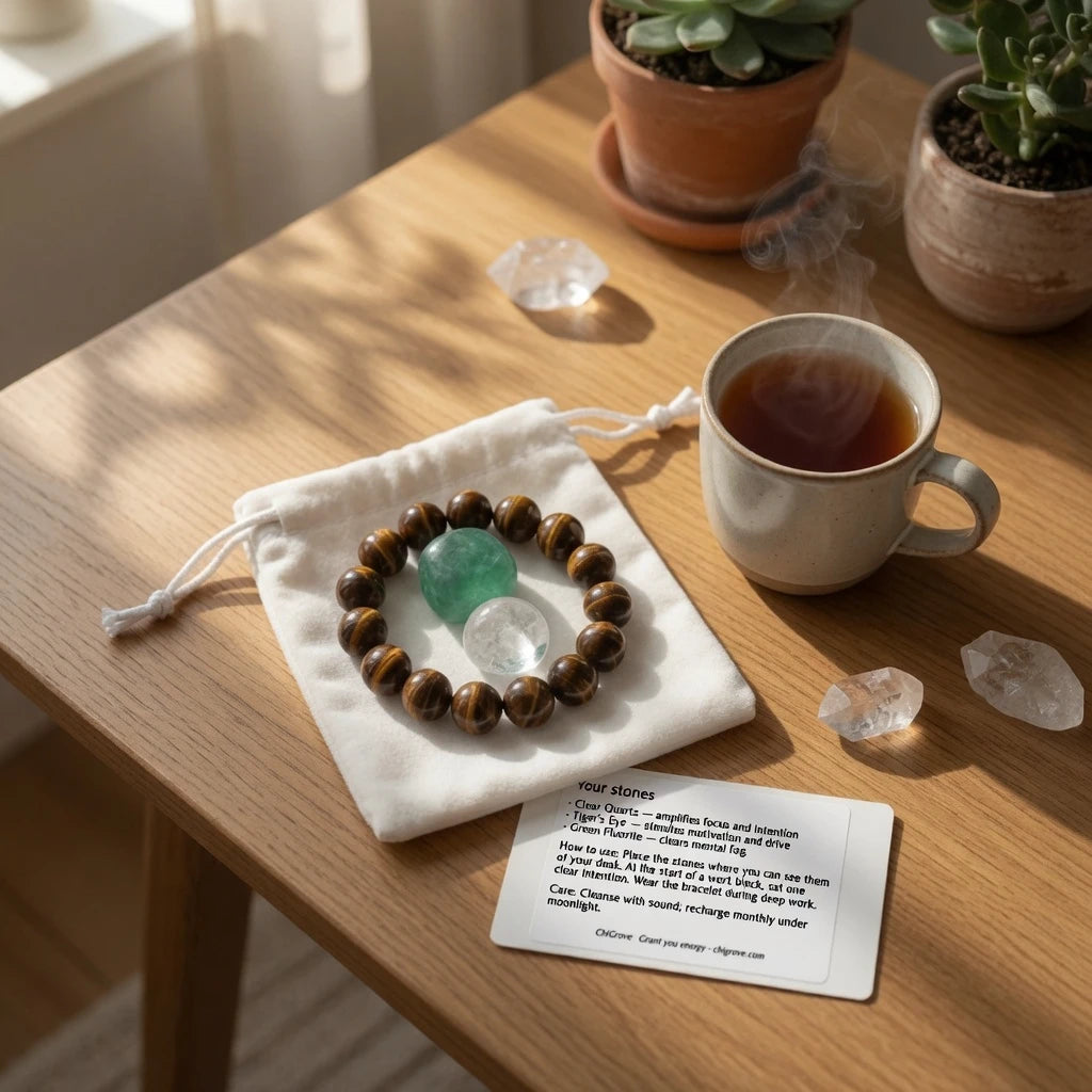 Tiger's eye bracelet and tumbled green aventurine and clear quartz stones placed on desk beside laptop and notebook for focus crystal ritual, healing crystals for studying and productivity