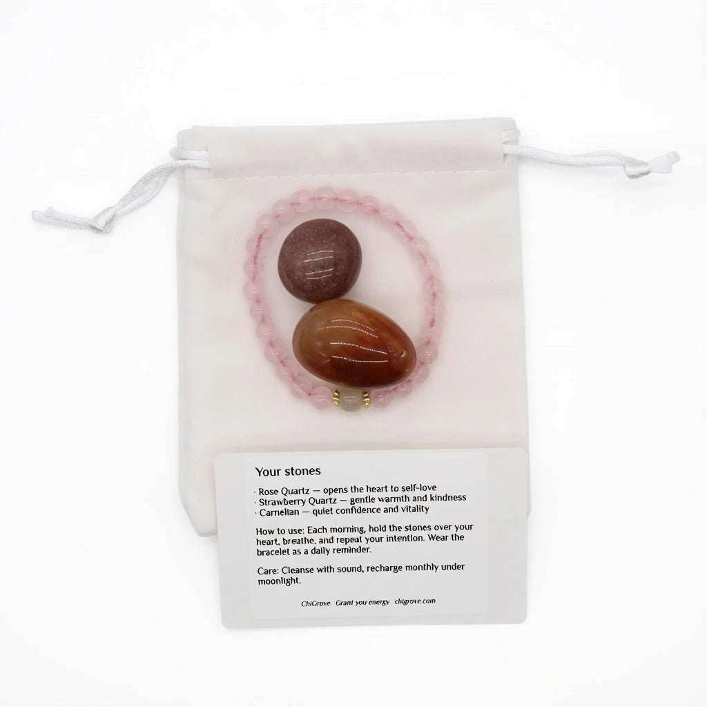 Self and Love crystal kit displayed in gift packaging with affirmation card visible, meaningful self-care gift for birthday, graduation, or Mother's Day