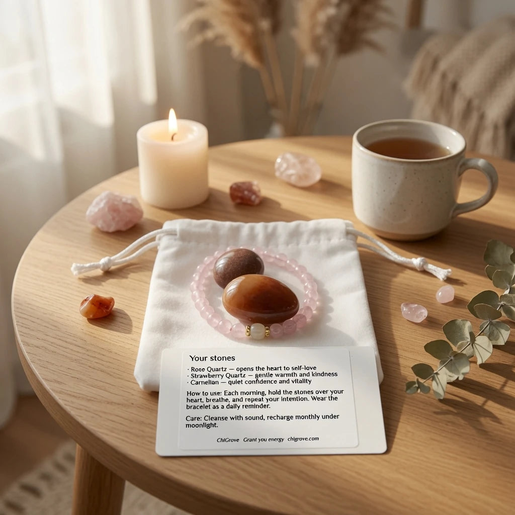 Self and Love affirmation card with botanical illustration reading "I am worthy, exactly as I am" beside linen crystal pouch, self-love healing ritual gift set