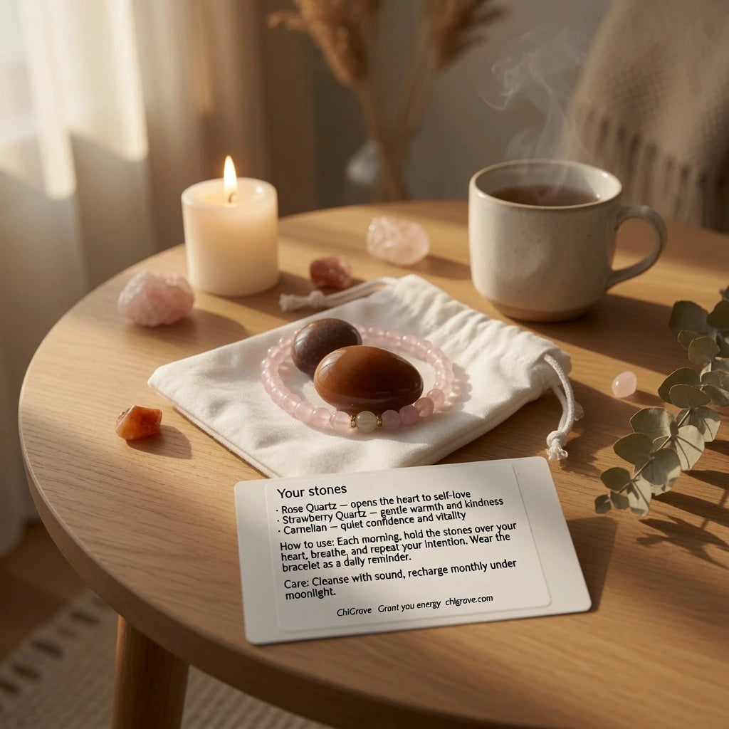 Rose quartz bracelet and tumbled carnelian and sunstone stones held during meditation with affirmation card, self-love crystal ritual for self-worth and emotional healing