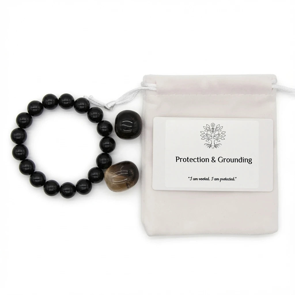 Protection and Grounding healing crystal gift set with black tourmaline beaded bracelet, tumbled smoky quartz, tumbled black obsidian stones, affirmation card, and linen drawstring pouch on white background