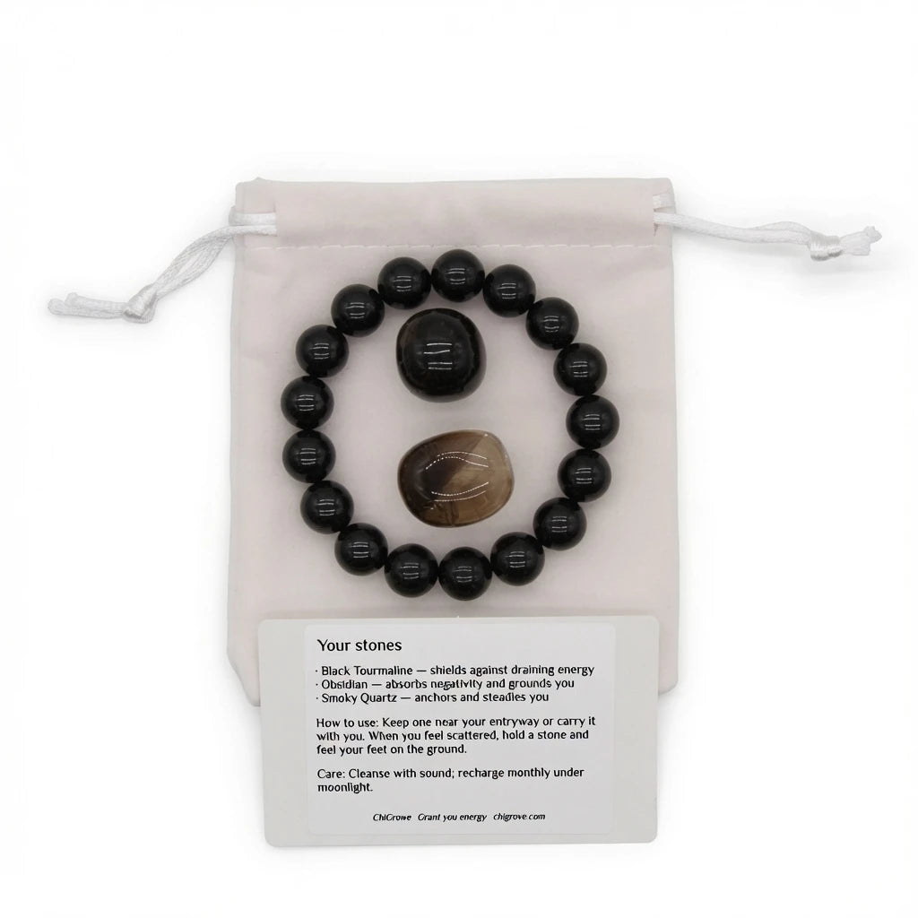 Protection and Grounding crystal kit displayed in gift packaging with affirmation card visible, meaningful energy shielding gift for empaths and high-stress environments