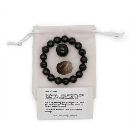 Protection and Grounding crystal kit displayed in gift packaging with affirmation card visible, meaningful energy shielding gift for empaths and high-stress environments