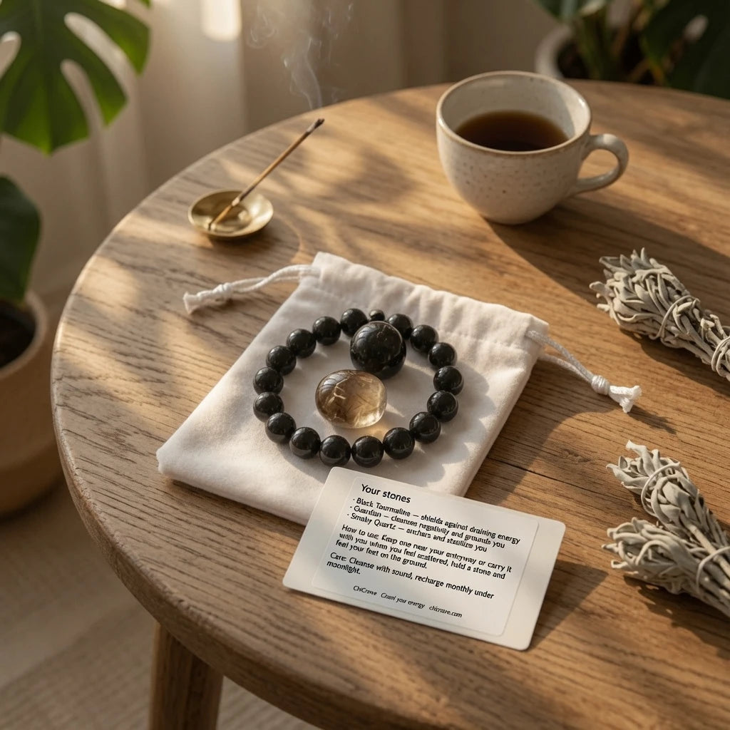 Protection and Grounding affirmation card with botanical illustration reading "I am rooted, I am protected" beside linen crystal pouch, energy shield healing ritual gift set