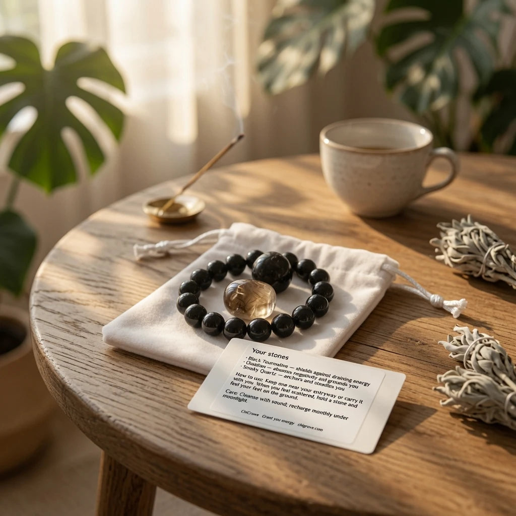 Black tourmaline bracelet and tumbled smoky quartz and obsidian stones placed near front door for energetic protection ritual, grounding crystals for home and personal energy shield