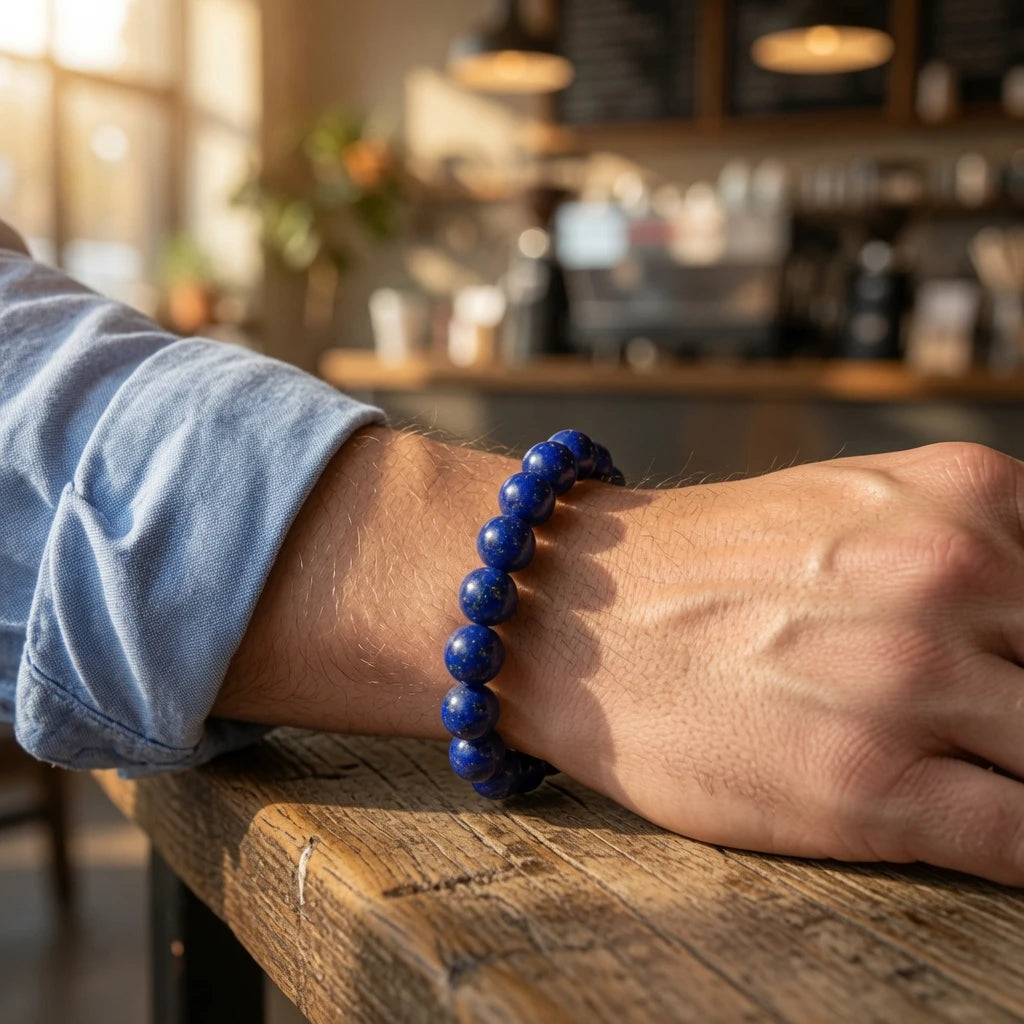 Man wearing natural lapis lazuli bracelet on wrist showing deep blue stone beads with gold pyrite flecks in natural daylight